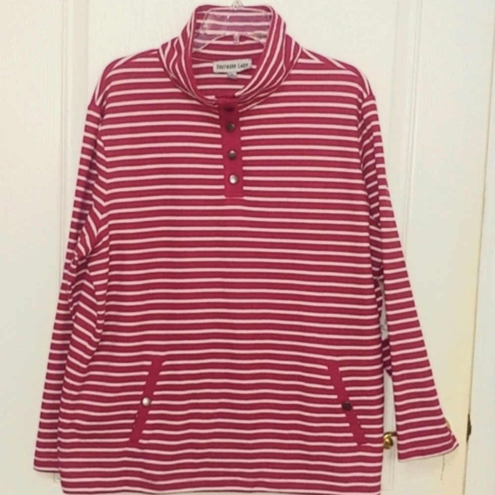 NEW. Southern Lady Fuschia Striped Ribbed Popover Top. Size XL.